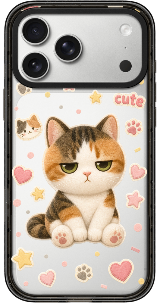 Calico cat custom phone case in Plush Cookie style on an iPhone 17 Pro Max