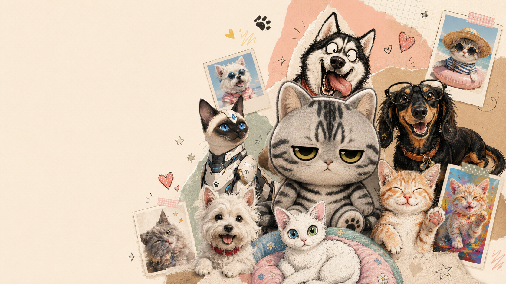 A playful collage of custom pet characters and pet portraits
